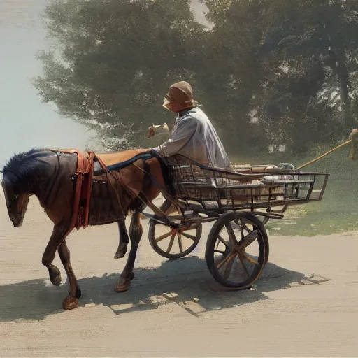 Prompt: a man pulling a cart with a horse on it, hyperrealism, no blur, 4 k resolution, ultra detailed, style of ron cobb, adolf hiremy - hirschl, syd mead, ismail inceoglu, rene margitte