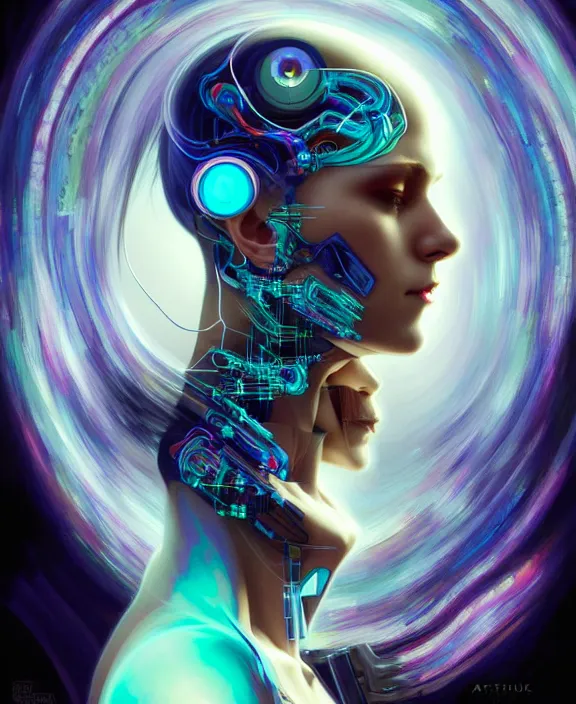 Image similar to a whirlwind of souls rushing inside the metaverse, hologram, half body, neurochip, shaved temple, piercing, jewelry, android, cyborg, cyberpunk face, by loish, d & d, fantasy, intricate, elegant, highly detailed, colorful, digital painting, artstation, concept art, art by artgerm and greg rutkowski and alphonse mucha