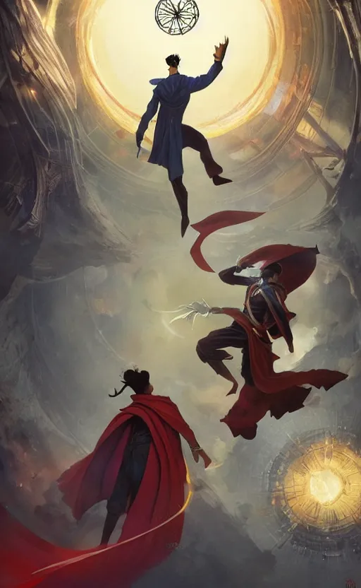 Image similar to the third first image on the scattered absurdity server, dr strange and dr seuss, very pretty, photorealistic, portal hopping and time warping with reckless abandon, by Greg rutkowski