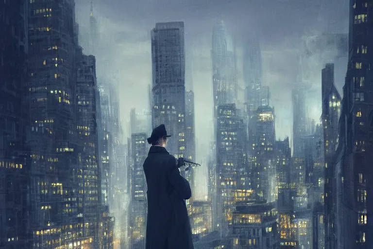 Image similar to stunningly mysterious, detective wearing a trench coat in profile smoking a glowing tobacco pipe on a perch facing the city at night, smooth, focus, highly detailed, hyper realistic, dramatic lighting, intricate, concept art, new york skyline, looking down, art by wlop, greg rutowski, artstation