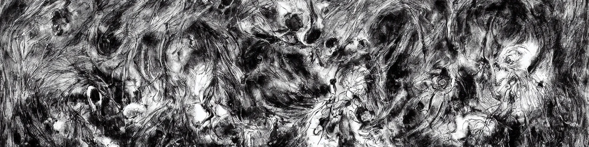 Image similar to dawn of creation ; first atom ; beings of darkness ; ethereal plane. extremely dark image. complete blackness. illustrated by maurice sendak and stephen gammell and junji ito and dr seuss and tsutomu nihei