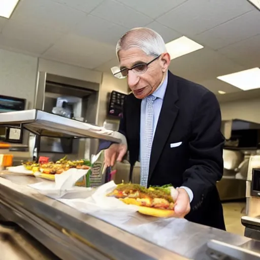 Image similar to A photo of Dr. Anthony Fauci flipping burgers at a fast food restaurant