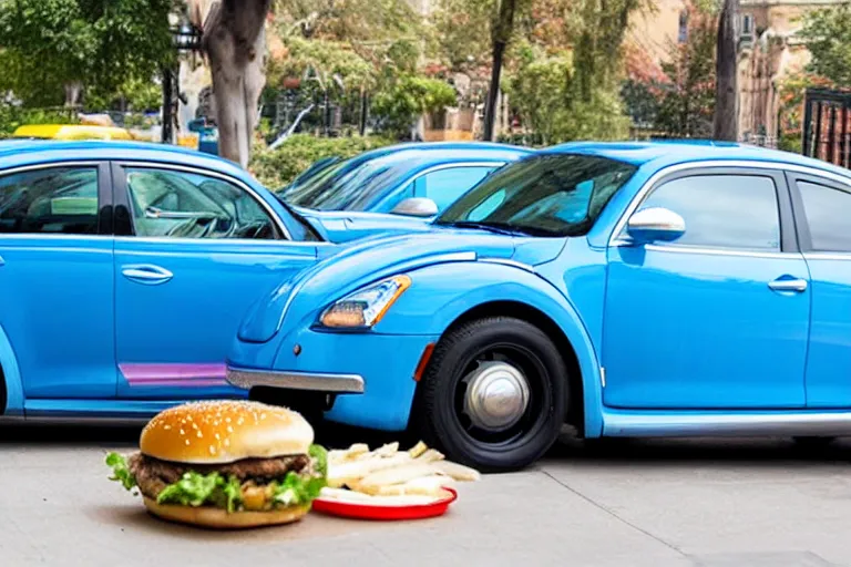 Prompt: a blue beetle car, with burgers for wheel rims