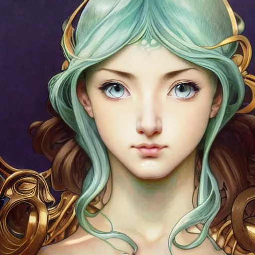 Image similar to intricately detailed vfx portrait of nami by eiichiro oda!, makoto shinkai, alphonse mucha, art by artgerm and greg rutkowski!, blue eyes!!, large aquiline nose!!, best of behance, concept art, matte, sharp focus, adolphe bouguereau, annie leibovitz, stanley kubrick,