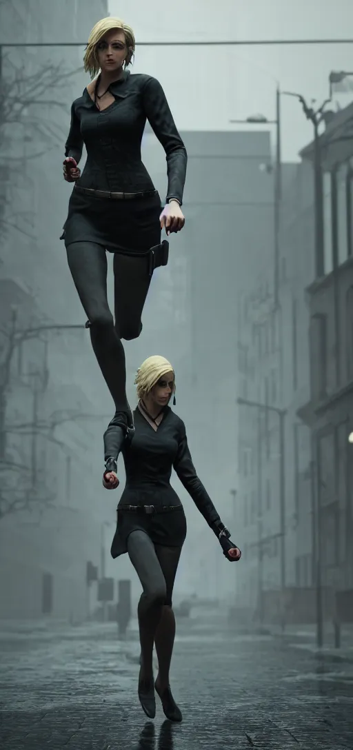 Prompt: beautiful annie leonhart running on high heels with open toe in dunwall city, redshift render, beautiful face, detailed face, cinematic lighting, rainy weather, melancholy atmosphere, volumetric light, octane render, dishonored 1, gothic architecture, realistic reflections, octane render 8 k, model women