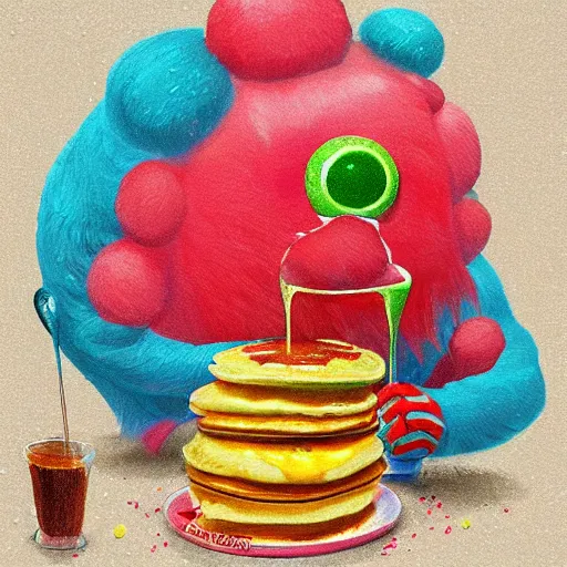 Image similar to a tennis ball monsters eating fluffy pancakes with syrup, colorful, digital art, fantasy, magic, chalk, trending on artstation, ultra detailed, professional illustration by basil gogos