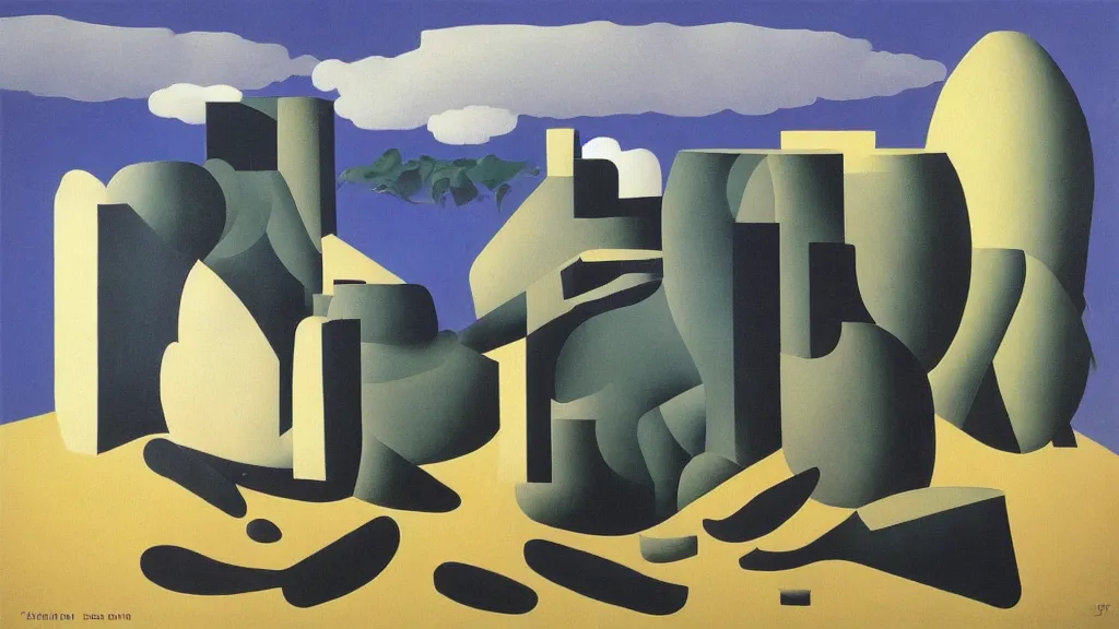 Image similar to abstract primitivism minimalism art painting, lines, forms, shapes, in style ofrene magritte