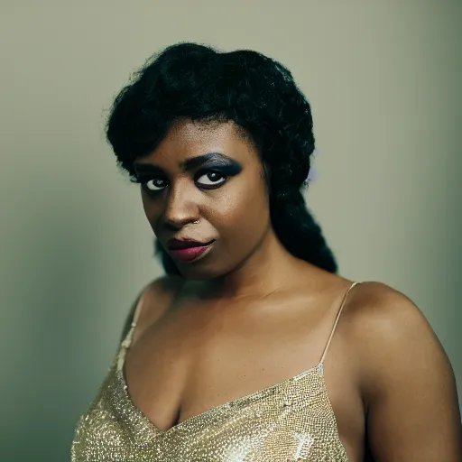 Prompt: portrait photograph of an glamorous black woman wearing a dress in a ballroom. super resolution. 85 mm f1.8 lens.bokeh.graflex. Alessio albi