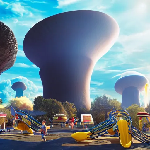 Prompt: terminators playing on a playground with a giant nuclear mushroom cloud in the back ground of a bright blue sky high level of detail 8 k resolution hyperdetailed photorealism