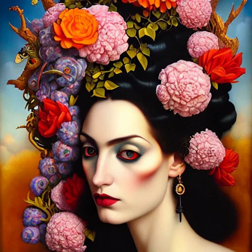 Image similar to dynamic composition, a painting of a woman with hair of flowers and raven plummage wearing ornate earrings, a surrealist painting by tom bagshaw and jacek yerga and tamara de lempicka and jesse king, featured on cgsociety, pop surrealism, surrealist, dramatic lighting, wiccan, pre - raphaelite, ornate gilded details