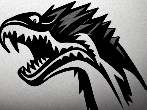 Image similar to pen sketch!!! of a stylized angry energetic dynamic velociraptor!!! sports logo!!! black and white