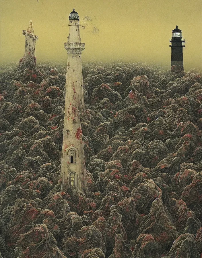 Prompt: worshippers in tattered robes belonging to the cult of the lighthouse standing in waves, a lighthouse, high detailed beksinski painting, part by adrian ghenie and gerhard richter. art by takato yamamoto. masterpiece, deep dark colours