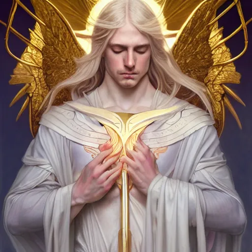 Image similar to the pale blond male angel of battle lucius wearing a white periwinkle, sci fi, glowing eyes, volumetric lights, gold theme, art nouveau botanicals, intricate, highly detailed, digital painting, artstation, concept art, smooth, sharp focus, cinematic, illustration, beautiful face, art by artgerm and greg rutkowski and alphonse mucha