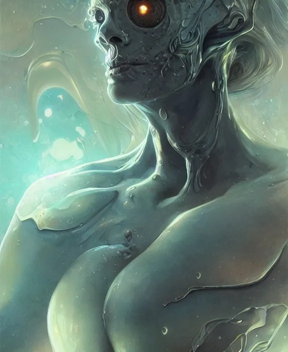 Prompt: portrait of a shining slime dripping abstract geometric angular insect alien monster, muscles, rippling, milky way environment, ultra realistic, concept art, intricate details, eerie, highly detailed, photorealistic, octane render, 8 k, unreal engine. art by artgerm and greg rutkowski and alphonse mucha