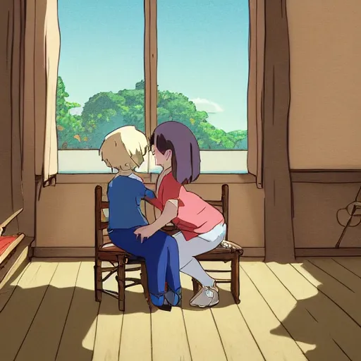 Image similar to my beautiful wife, sitting on a small wooden chair, with arms outstretched to our son for a hug, cartoon style, studio Ghibli, extreme detail, 8k