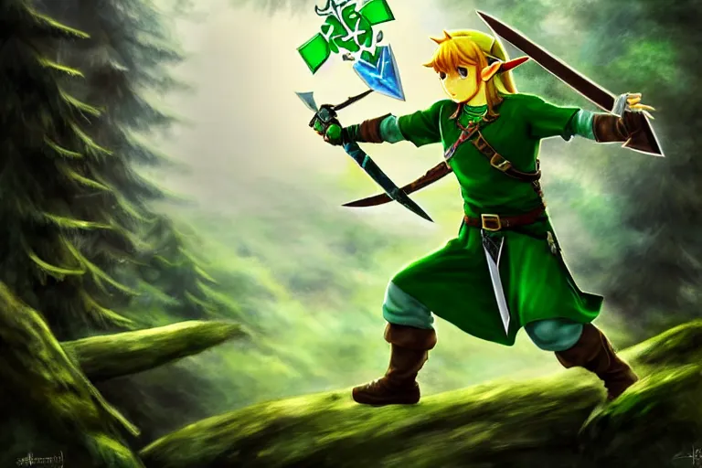 Image similar to link dressed in traditional green tunic and cap holding the master sword and hylian shield in dynamic fighting pose, mystical forest background, dark skies, intricately detailed, finely textured, cgsociety