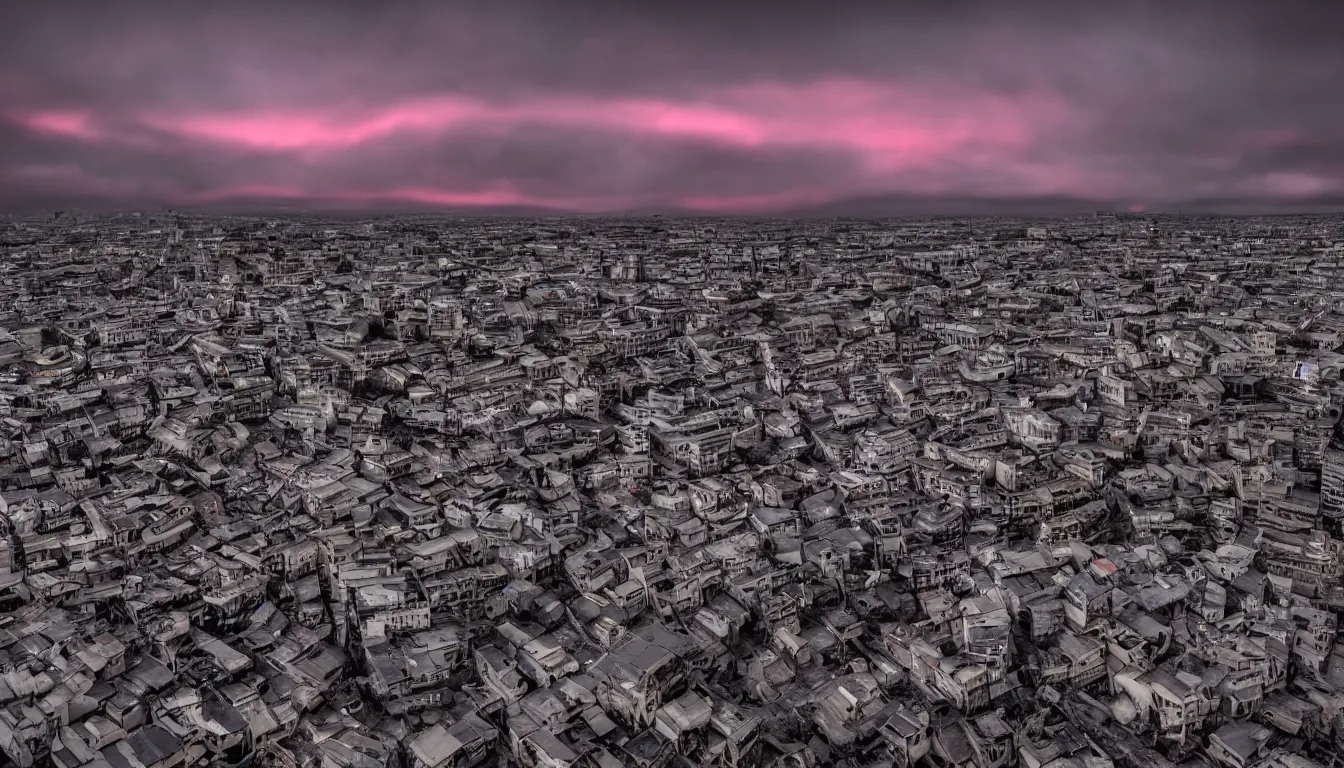 Prompt: A decaying high-tech city, sparse signs of human activity. Day break. Dramatic sky. 4K.
