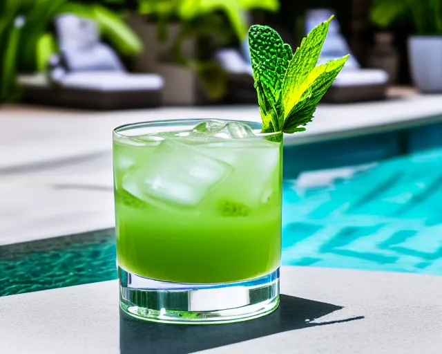 Prompt: 5 5 mm photo of long green cocktail on a zen minimalist white table with luxury pool in the background. highly detailed 8 k. intricate. lifelike. soft light,