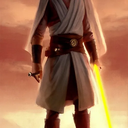 Image similar to a young blonde male jedi with short hair looking away at a threat full body shot concept art by Doug Chiang cinematic concept art, realistic painting, high definition, digital art, matte painting, symmetrical, very detailed, realistic, dramatic lighting, cinematic, establishing shot, extremely high detail, photo realistic, cinematic lighting, post processed, concept art, artstation, matte painting, red color scheme