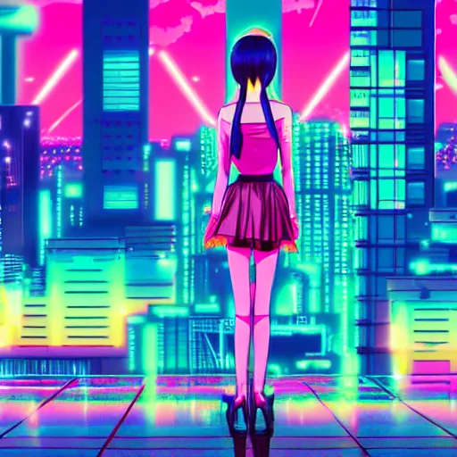 Prompt: anime girl in a synthwave city, center focus, neon tokyo, 4 k