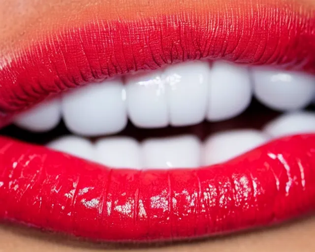 Image similar to big plump lips with red lipgloss reflecting on the surface. closeup of a devilish long tongue sticking out. very beautiful mouth. the tongue is full of bacteria