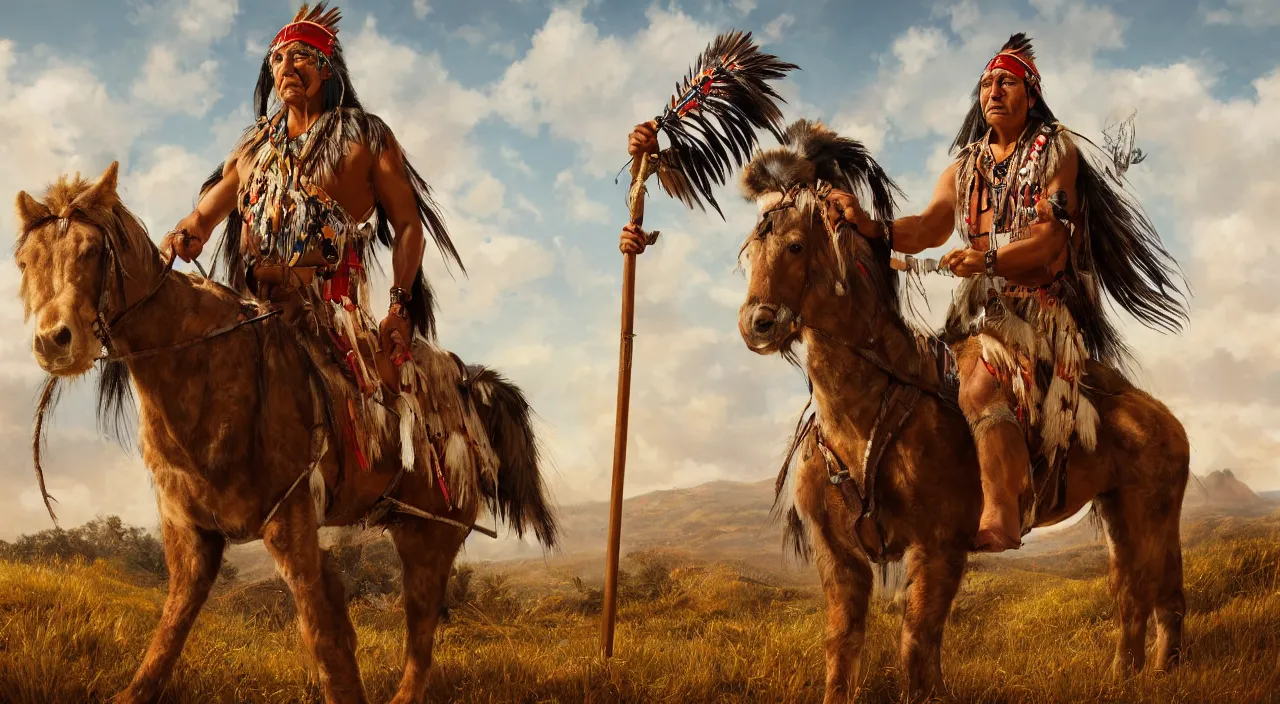 Image similar to a native american chief holding a spear while sitting on a war horse, in the style of greg overton, hyperdetailed, hyperrealism, octane render, golden ratio, 4 k,