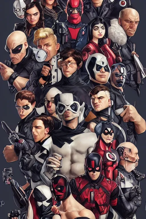 Prompt: group portrait of the Umbrella Academy, superheroes, domino masks, movie poster, highly intricate, elegant, realistic faces, highly detailed, digital painting, artstation, concept art, cel-shaded, smooth, sharp focus, illustration, art by artgerm and greg rutkowski and alphonse mucha