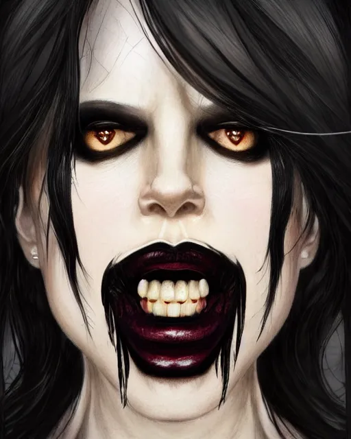 Image similar to portrait of evil a tall 4 0 - year - old woman with thin lips, heavy - lidded eyes, a strong jaw and long, thick shining black hair, thick eyebrows and long eyelashes, wearing in black clothes, hyper realistic face, beautiful eyes, character art, art by mark brooks, hyperdetailed, cryengine, trending on artstation, digital art