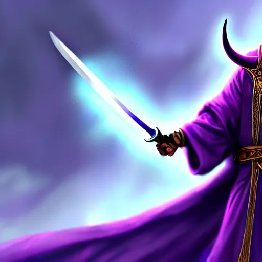 Prompt: demon in purple robe with sword, artstation, fantasy