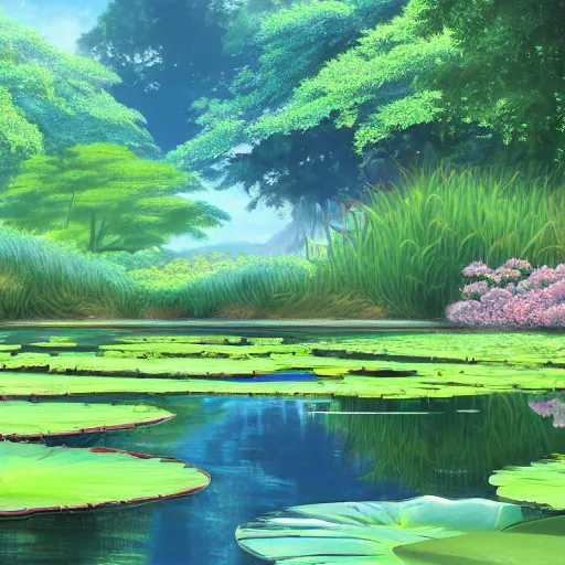 Image similar to a beautiful painting of a water lily pond by yusuke murata and makoto shinkai, cel shaded, unreal engine, highly detailed, iridescent, illustration, artstation,