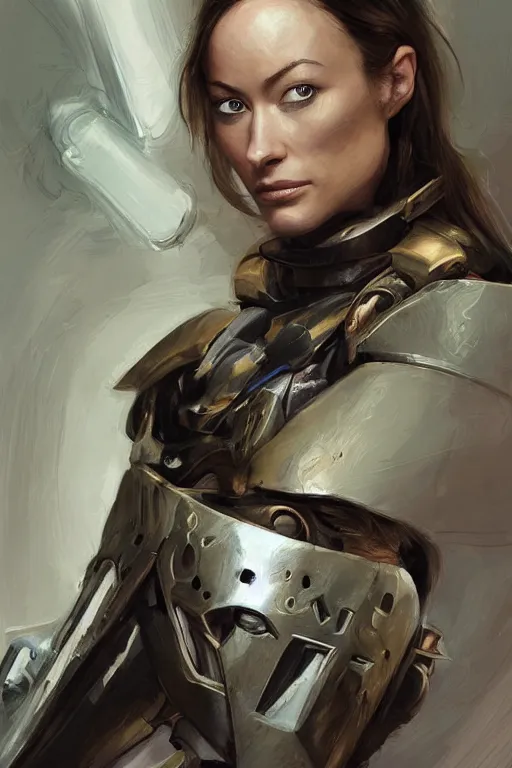 Image similar to a professional painting of a young Olivia Wilde, clothed in military armor, olive skin, long dark hair, beautiful bone structure, symmetrical facial features, intricate, elegant, digital painting, concept art, smooth, sharp focus, illustration, from Star Wars by Ruan Jia and Mandy Jurgens and Artgerm and William-Adolphe Bouguerea