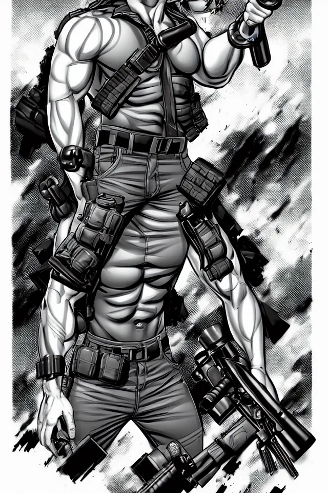 Image similar to muscular man, black vest with no shirt underneath, goggles around his neck, cargo pants, ammo belt, holding a blaster, long black hair in a ponytail, five o' clock shadow, comic book art, full body shot