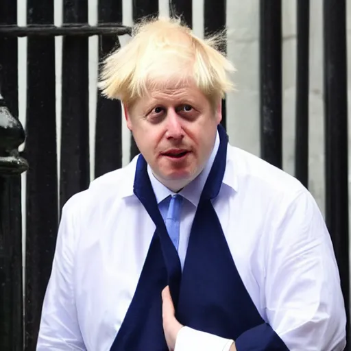 Image similar to boris johnson looking sad while wearing a maid costume