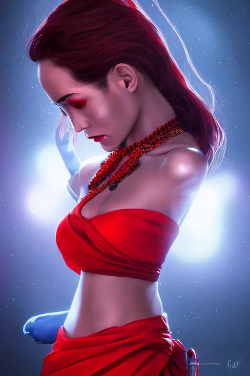 Image similar to beautiful fashion human looking alien in red saree,, in the style of artgerm, and wlop, chanel jewelry, cinematic lighting, hyperdetailed, 8 k realistic, symmetrical, global illumination, radiant light, love and mercy, frostbite 3 engine, cryengine, dof, trending on artstation, digital art, crepuscular ray