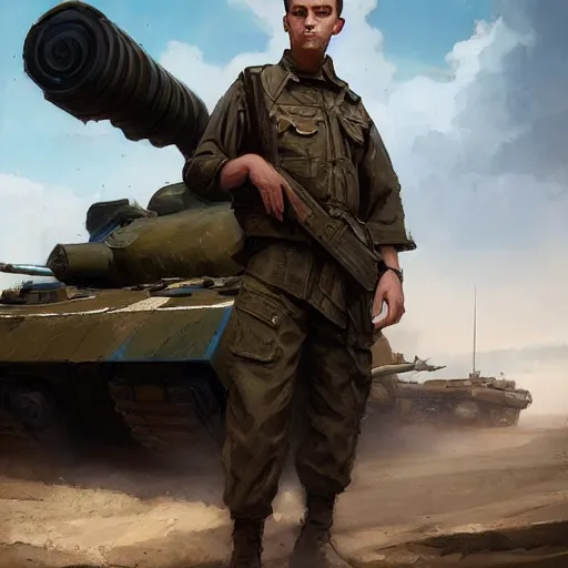 Prompt: Young man with blue eyes and brown hair, wearing a military uniform, standing next to a tank, by Greg Rutkowski, matte painting, trending on artstation
