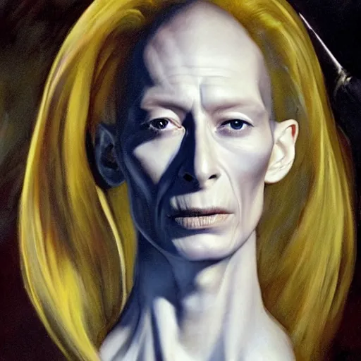 Image similar to ultra realistic portrait painting of tilda swinton as lord voldemort, art by frank frazetta, 4 k, ultra realistic, highly detailed, epic lighting