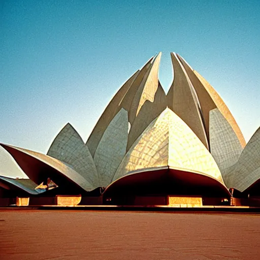 Image similar to interior of a futuristic lotus temple with gold, red and white marble panels, in the desert, by buckminster fuller and syd mead, intricate contemporary architecture, photo journalism, photography, cinematic, national geographic photoshoot