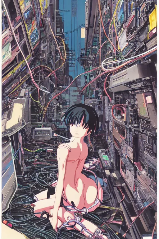 Prompt: awe inspiring cyberpunk anime style illustration of an android girl seated on the floor in a tech labor, seen from behind with her back open showing a complex mess of cables and wires, by masamune shirow and katsuhiro otomo, studio ghibli color scheme, japan, 1980s, dark, complex