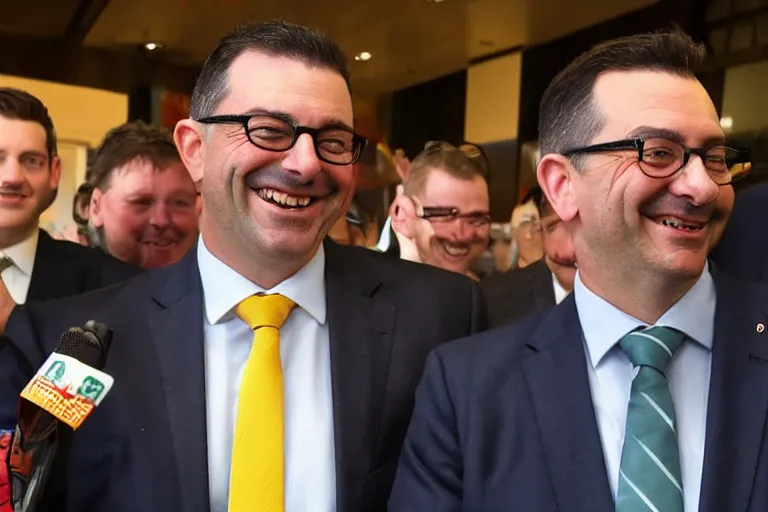 Image similar to Premier Daniel Andrews smiles as Melbourne city burns to the ground