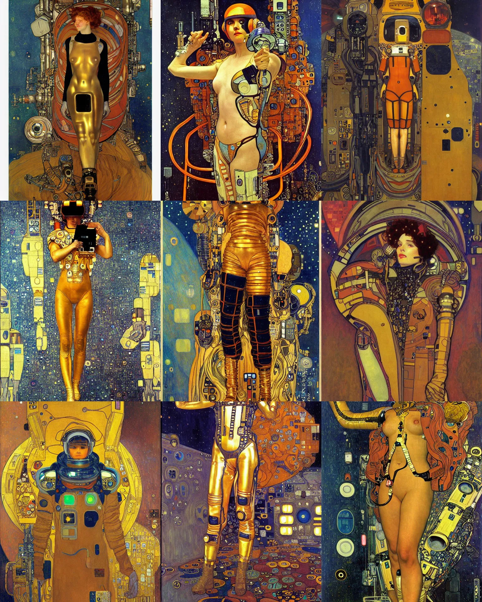 Prompt: Cyberpunk astronaut painting by Gustav Klimt, J. C. Leyendecker, Alphonse Mucha,