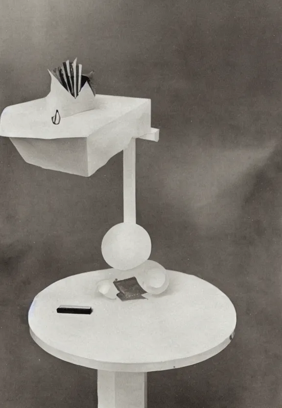 Image similar to a white object with writing on it sitting on a table, a surrealist sculpture by marcel duchamp, archival pigment print, 1 9 1 4, conceptual art, artwork, academic art, surrealist