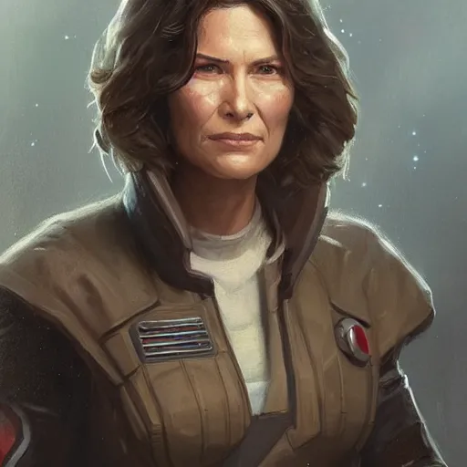 Image similar to portrait of a woman by greg rutkowski, grand jedi master jaina solo, star wars expanded universe, she is about 6 0 years old, wearing the tactical gear of the galactic alliance, highly detailed portrait, digital painting, artstation, concept art, smooth, sharp foccus ilustration, artstation hq