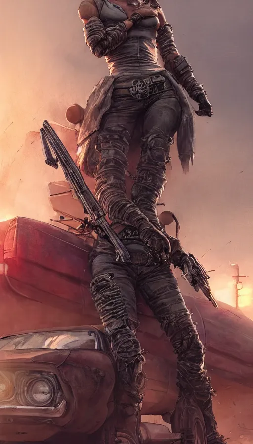 Image similar to road warrior, gemma chan beautiful girl, postapocalyptic, muscle cars, weapons, mad max, b - movie, made by stanley artgerm lau, wlop, rossdraws, james jean, andrei riabovitchev, marc simonetti, yoshitaka amano, beksinski artstation, cgsociety