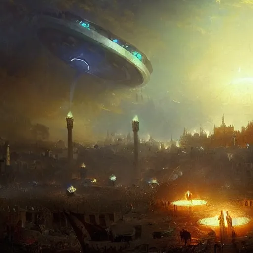 Prompt: Glowing bright UFO at the Battle of Constantinople , by Greg Rutkowski and Thomas Kinkade, trending on artstation 4k, dramatic lighting, intense.