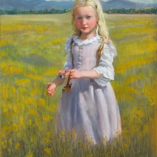 Image similar to young blonde pioneer girl in a meadow, portrait, oil