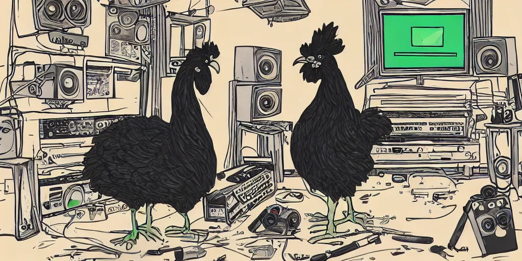 Image similar to 'black chicken'!!! smoking 'cannabis'!!!!!! in front of 'audio console'!!!! and 'multi monitors'!!!! 'in a hi-tech tv broadcasting studio'!!!!, artwork by James Gilleard