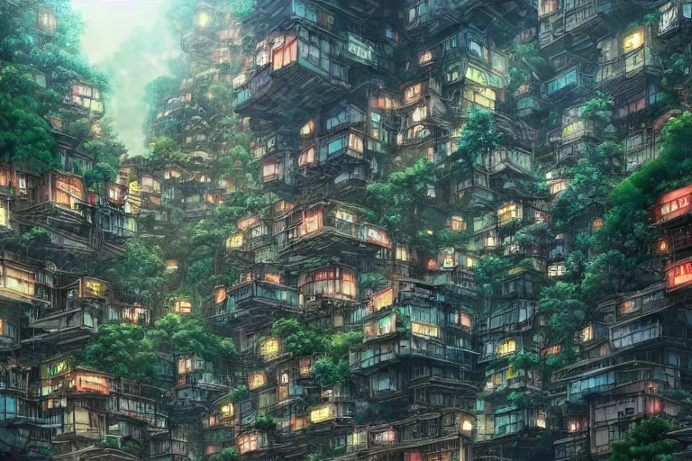 Prompt: kowloon walled forest city, still from studio ghibli anime movie, digital art, artgerm, trending on artstation