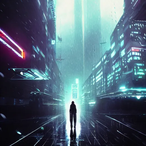 Image similar to rain, giant futuristic cyberpunk spaceship with small character silhouette in the foreground, blade runner, dense fog, bloom, cinematic contrasted lighting, ultra detailed, trending on artstation