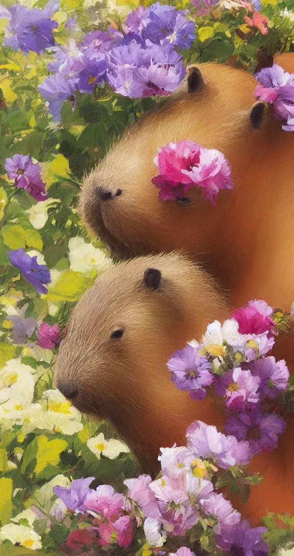 Prompt: romantic detailed portrait of a capybara surrounded by beautiful flowers, by gregory manchess, james gurney, james jean