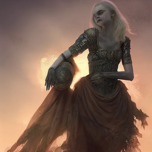 Prompt: Elle Fanning in the painted world of Dark Souls, head and shoulders masterpiece, apocalypse, golden hour, cosmic horror, artstation, in the style of Craig Mullins, extremely detailed